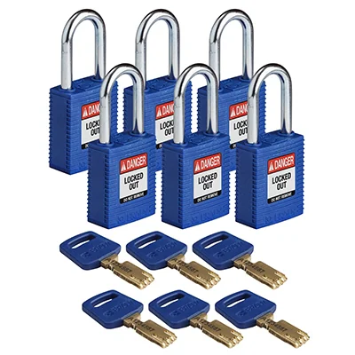 gws150316 - Замки SafeKey нейлоновые со стальной дужкой, высота дужки – 38 мм, диаметр дужки – 6.4 мм, нейлоновый корпус, размеры корпуса – 46х38х19 мм, цвет – синий, 6 шт/упак