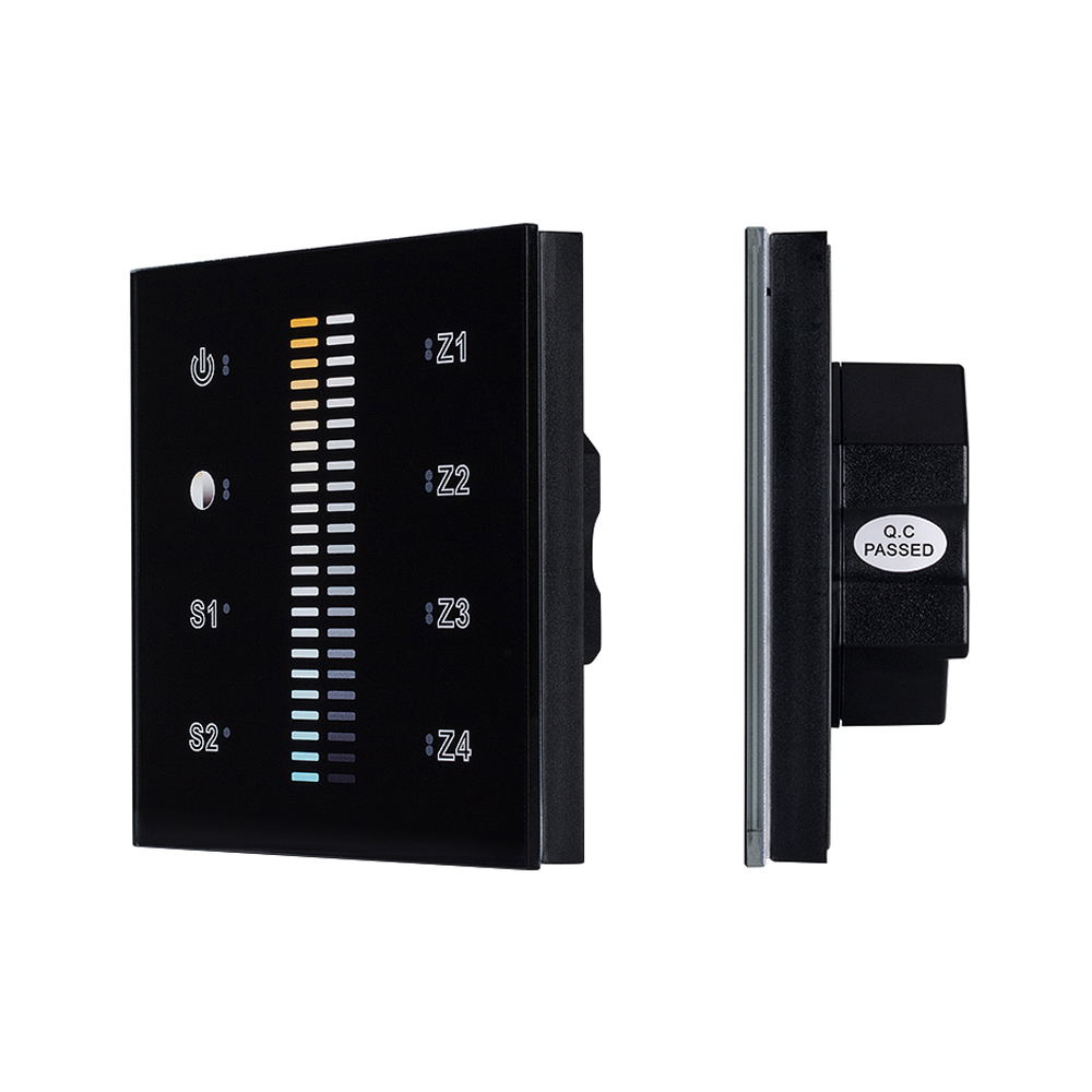 Панель Sens SR-2830B-AC-RF-IN Black (220V,MIX+DIM,4зоны) 021062 - Встраиваемая стеклянная черная Touch-панель с сенсорным слайдером, 4 зоны, , Управление цветовой температурой и яркостью в 4 зонах, 2 сцены в каждой зоне. Управление – по радиоканалу (совме
