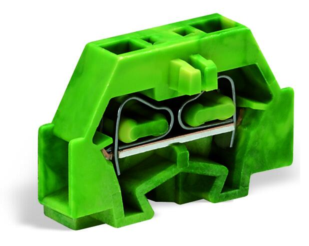 Клемма мини 240307 - Мини клемма, боковой подвод кабеля, 2 точки подключения в клемме, тип фиксации провода: пружинный, номинальное сечение: 1,5 мм кв., 18A, 400V, цвет: желто-зеленый, тип монтажа: монтажные фланцы