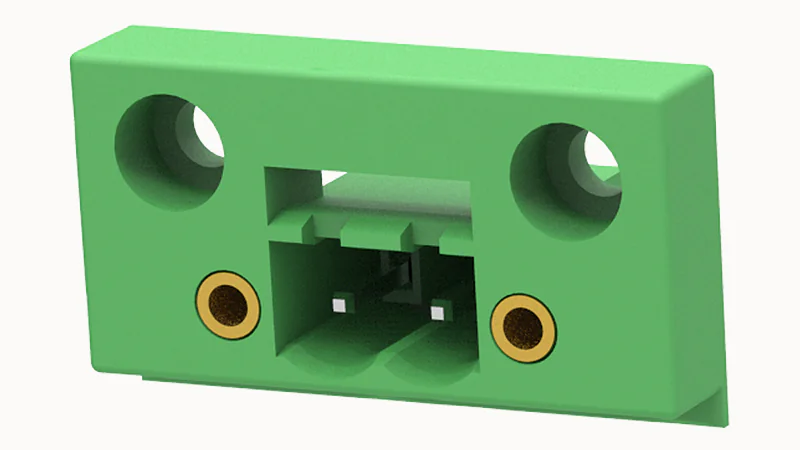 PCB вилка 2CDGB-5.08-02P-14 - Вилочный разъем, PCB, на плату, установка в панель, с монтажными фланцами, пайка, шаг 5,08 мм, 2 полюса, угол монтажа 90 гад., 320V, 12А, цвет: зеленый, серия 2CDGB
