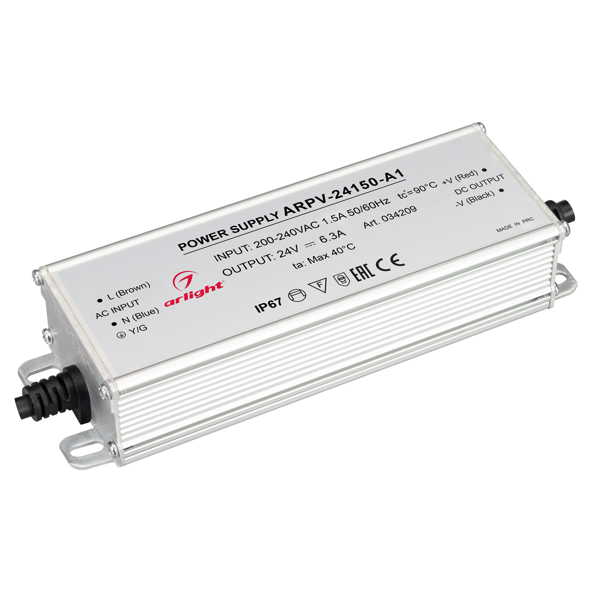 Блок питания ARPV-24150-A1 (24V, 6.25A, 150W) 034209 - Источник напряжения с гальванической развязкой для светодиодных изделий. Входное напряжение 200-240 VAC. Выходные параметры: 24 В, 6.25 А, 150 Вт. Встроенный PFC >0.5. Герметичный алюминиевый корпус I