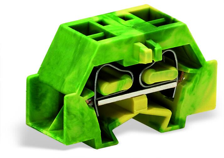 Клемма мини 241357 - Мини клемма, боковой подвод кабеля, 4 точки подключения в клемме, тип фиксации провода: пружинный, номинальное сечение: 2,5 мм кв., 24A, 500V, цвет: желто-зеленый, тип монтажа: DIN15