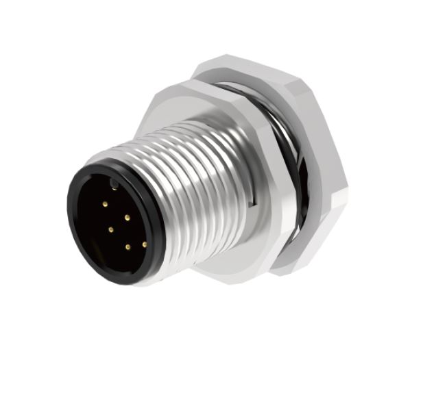 Вилочный разъем в панель M12D04C-MPBFHUS - Вилочный разъем в панель, 4 полюса, M12, гайка сзади, PCB (180 град.), D-Code, 4А, 250V, резьба на гайке PG9, резьбовое соединение: латунь, неэкранированный