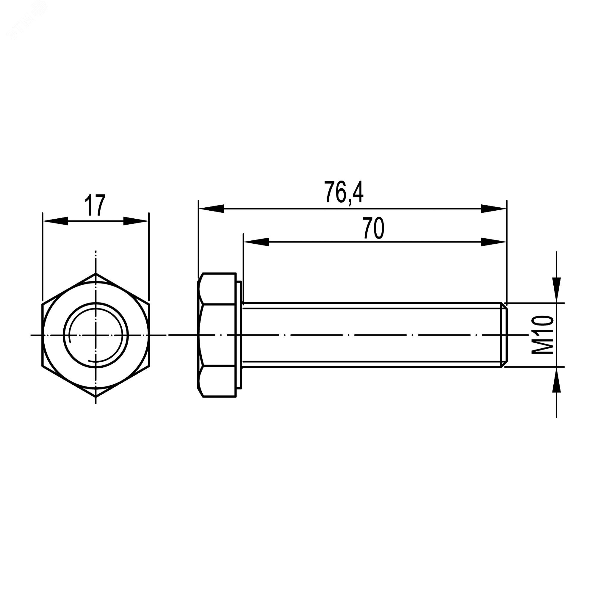 Болт с шестигранной головкой М10х70, нержавеющая сталь AISI 316L CM081070INOX316L