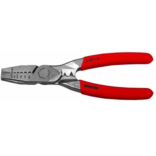 3-871-6 - Обжимные плоскогубцы для концевых гильз, с возможностью резки проволоки и снятия изоляции. Пресс клещи для проводов сечением 0,25-2,5мм2, длина 155мм.