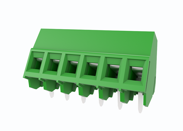 Клемма на плату MC-TD5.0A07C-0001 - Клемма, подвод кабеля 45 град., на плату, шаг: 5.0 мм, 7 полюсов, фиксация провода винтовая, исполнение: стандартное, 400V, 24A, цвет: зеленый
