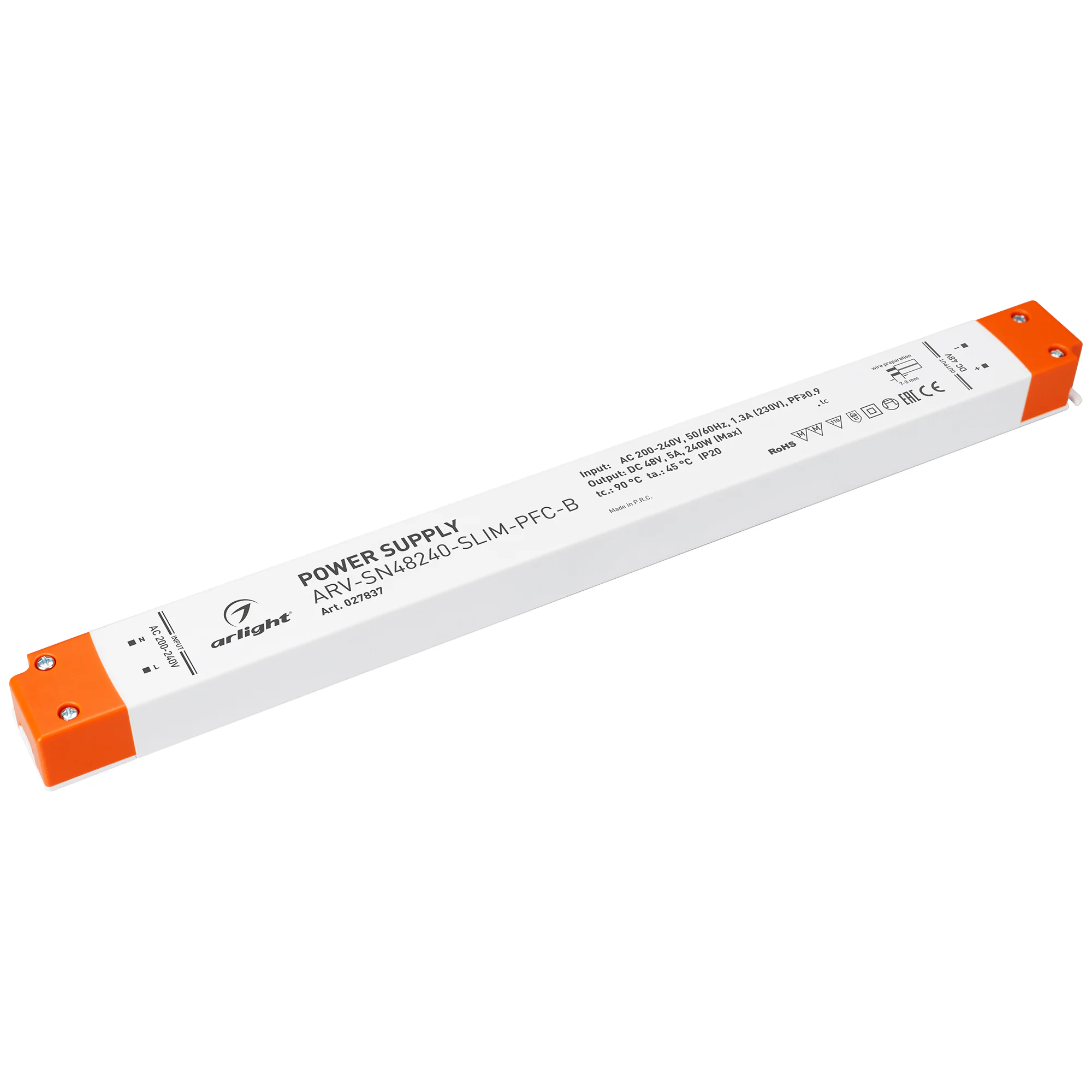Блок питания ARV-SN48240-SLIM-PFC-B (48V, 5A, 240W) 027837 - Источник напряжения с гальванической развязкой для светодиодных изделий. Входное напряжение 200-240 VAC. Выходные параметры: 48 В, 5 А, 240 Вт. Встроенный PFC >0.9. Негерметичный пластиковый кор