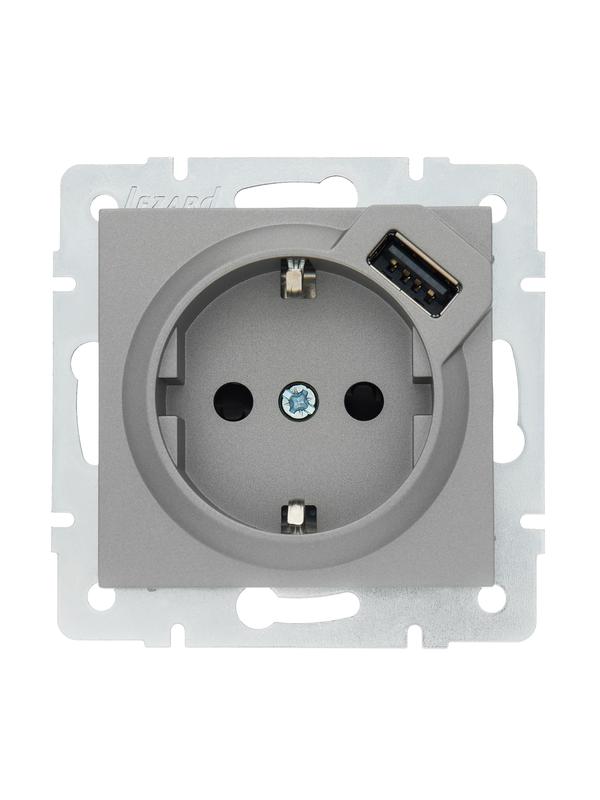 Розетка 1-м СП Vesna с заземл. с заряд. устройством USB механизм платина 742-3588-181