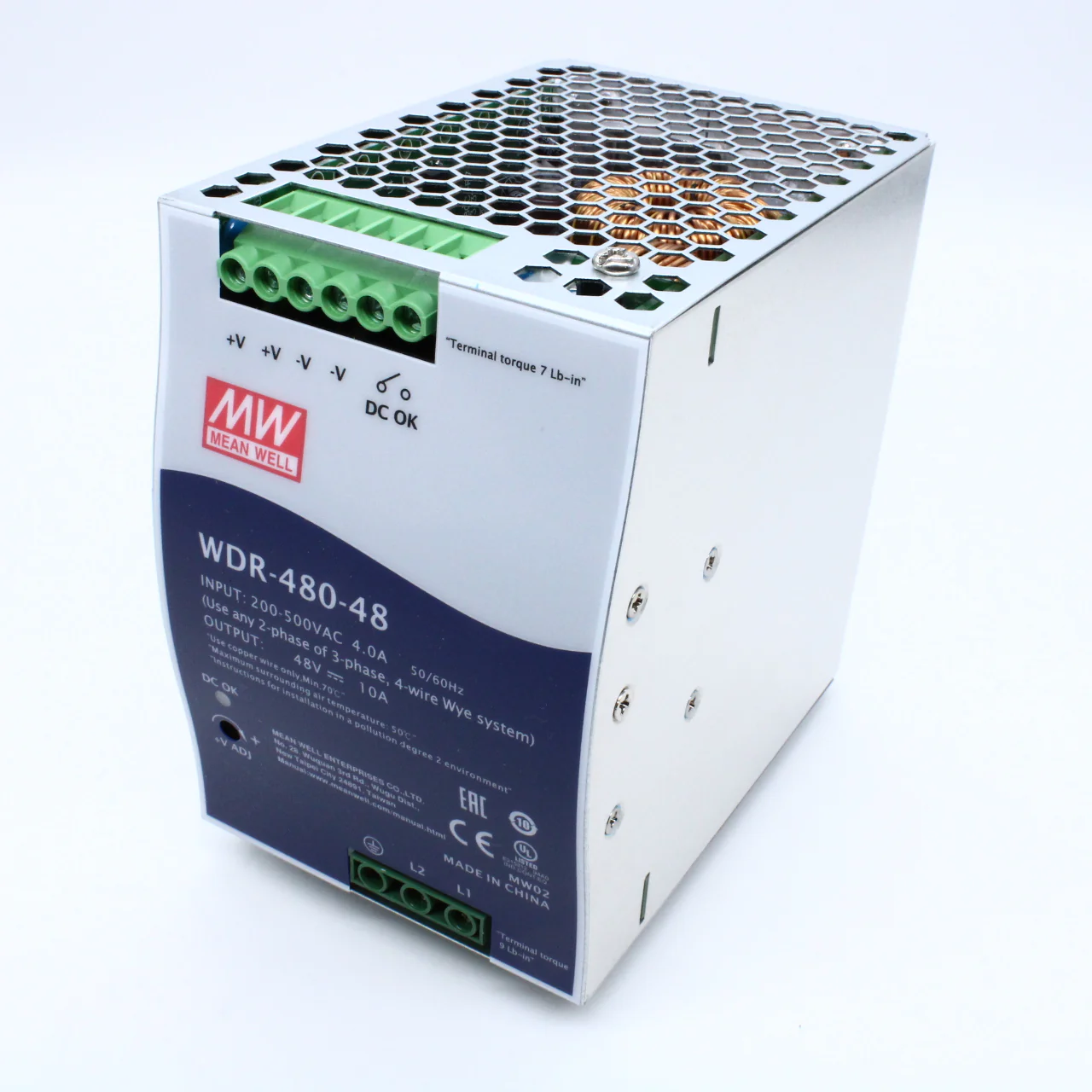 WDR-480-48 - Преобразователь AC-DC на DIN-рейку  480Вт, вход 180…550V AC, 47…63Гц /254…780V DC, выход 48В/0…10A, рег. вых=48…55В, изоляция 3000В AC, в кожухе  85.5х125.2х128.5мм, -30…+70°С