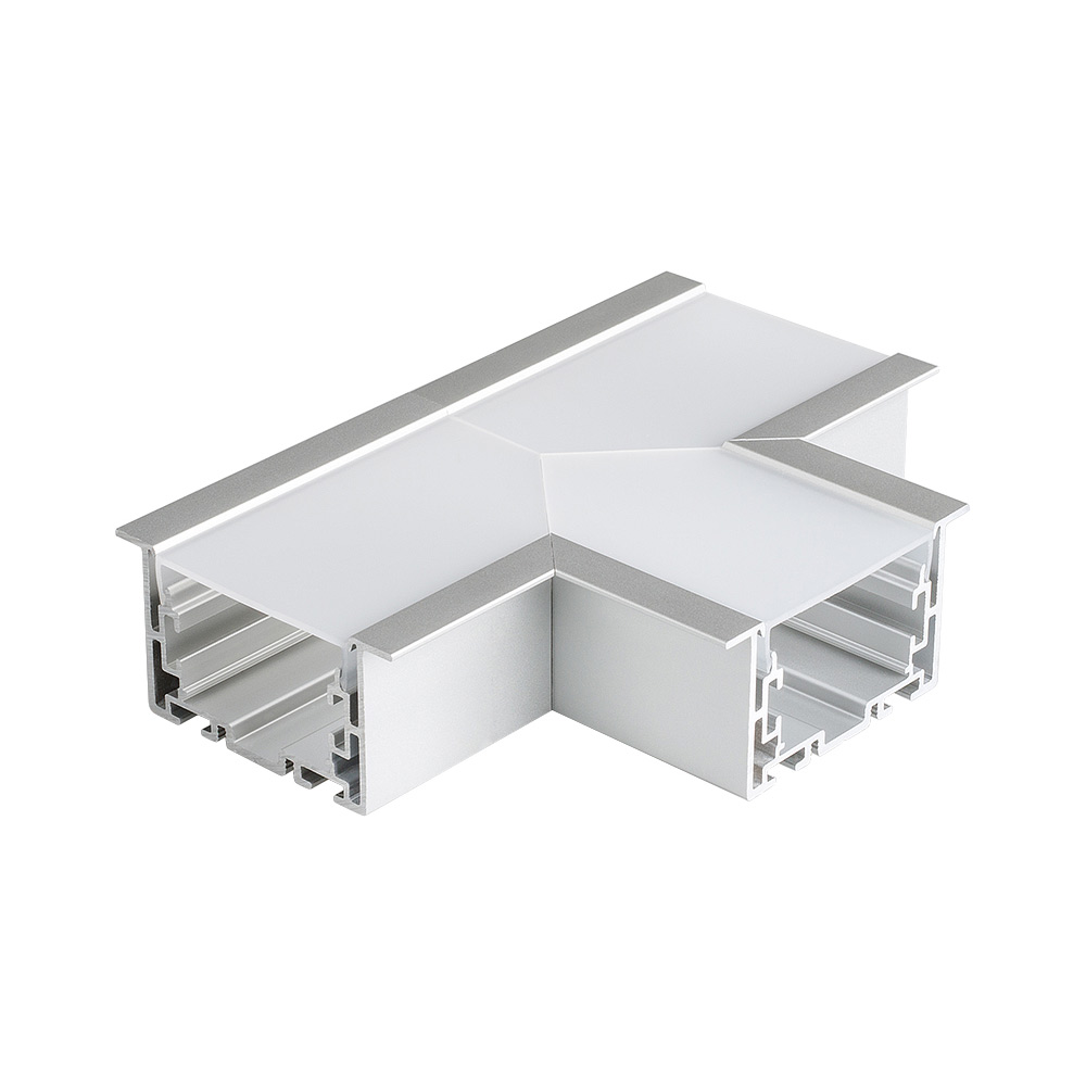 Угол S2-LINIA69-F-T90 тройной 021280 - тройной угол в сборе, для соединения 3-х профилей S2-LINIA69-F под прямыми углами 90°. Экран образует линию "Т" на плоскости. В комплекте матовый экран, соединители. Длина внешней стороны угла 150мм.