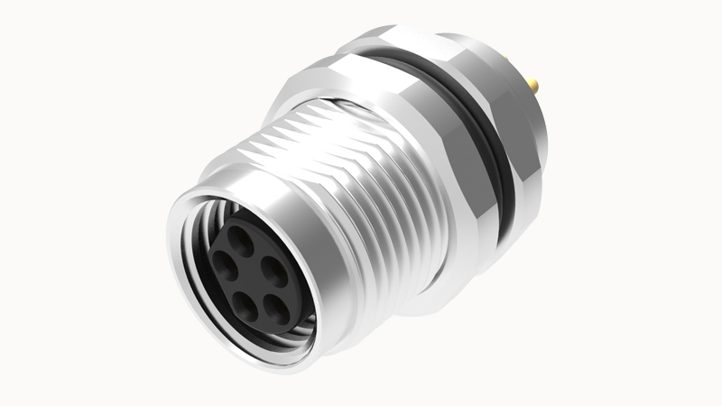 Розеточный разъем SP-M8A-06P-FF-SF7001 - Розеточный разъем в панель,6 полюсов,M8, гайка спереди, монтаж на плату, 180 град., A-Code, 1,5А, 30V, M8*1, металл