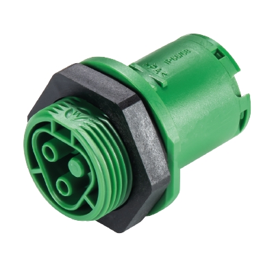Разъем RST20I2C B1 M01 GN - Розеточный разъем в панель, М25, IP68(69k), 2 полюса, обжимная фиксация провода, номинальные характеристики: 250/400V, 20A, цвет: зеленый, серия RST Classic