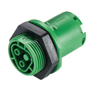Разъем RST20I2C B1 M01 GN - Розеточный разъем в панель, М25, IP68(69k), 2 полюса, обжимная фиксация провода, номинальные характеристики: 250/400V, 20A, цвет: зеленый, серия RST Classic