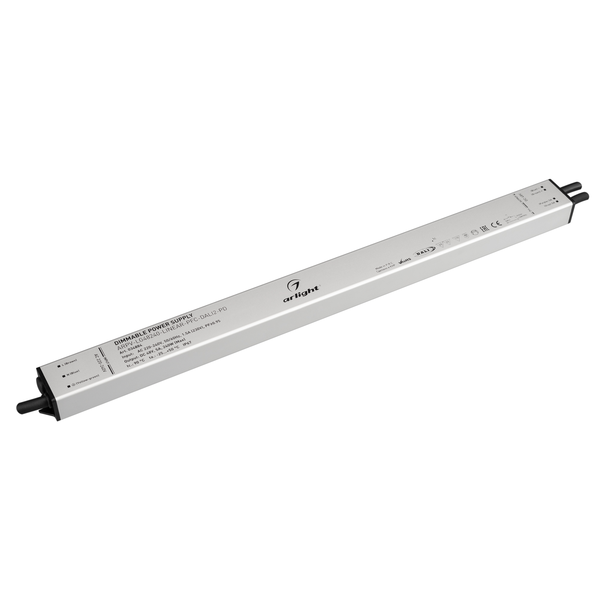Блок питания ARPV-LG48240-LINEAR-PFC-DALI2-PD (48V, 5A, 240W) 034884 - Диммируемый блок питания 48V с гальванической развязкой, ток 5А, 240Вт, с управлением DALI, c функцией PUSH-DIM, с корректором мощности, PF>0,95. Тонкий металлический корпус IP67. Вход
