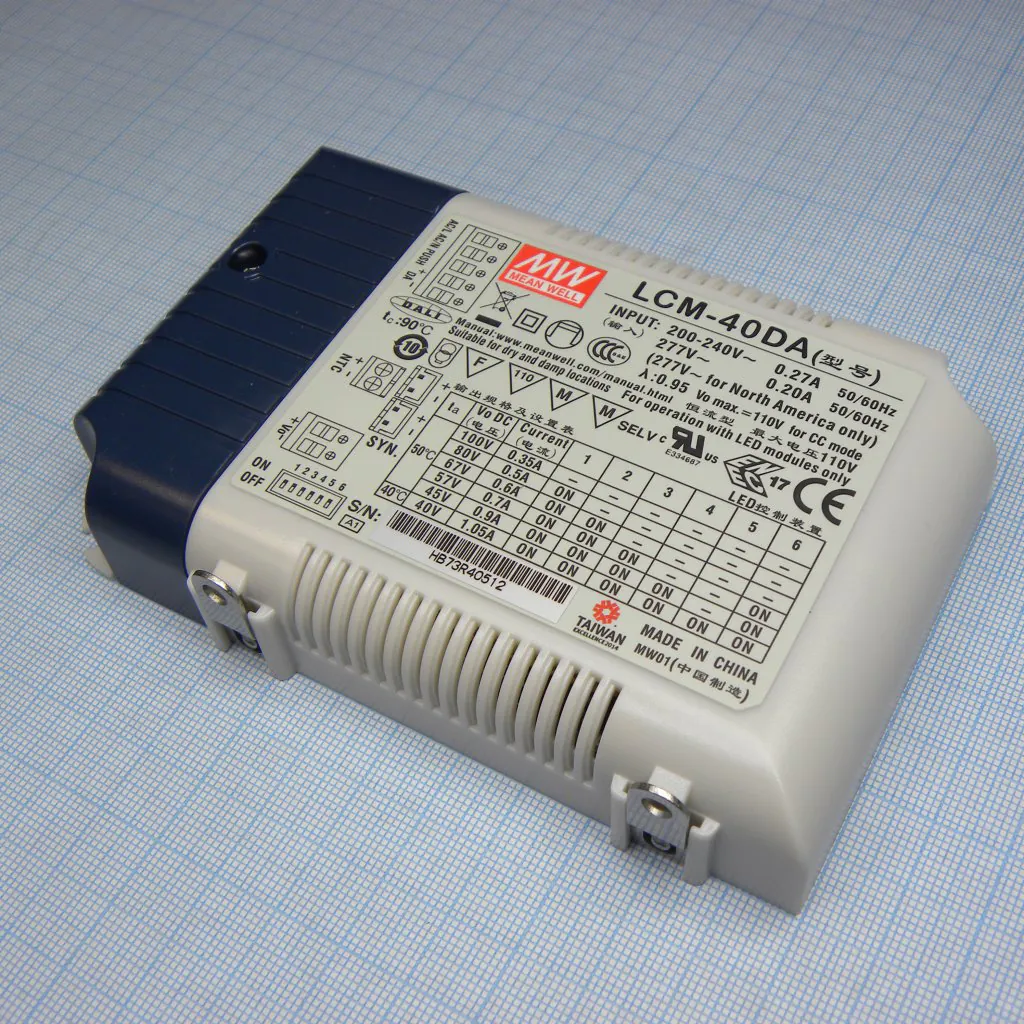 LCM-40DA - AC-DC, 42Вт, стабилизатор тока, вход 180…295В AC, 47…63Гц /254…417В DC, выход 350…1050мA/2…100В, ККМ, изоляция 3750В AC, в кожухе 123.5х81.5х23мм, -30…+60°С, димминг кнопкой и DALI