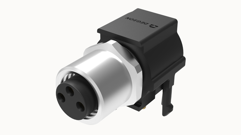 Розеточный разъем SR-M8A-03P-FF-SF7005 - Розеточный разъем для монтажа на печатную плату, 3 полюса, M8, угол 90 град., фиксация провода пайкой, A-Code, 3А, 60V, M16*1.5, металл