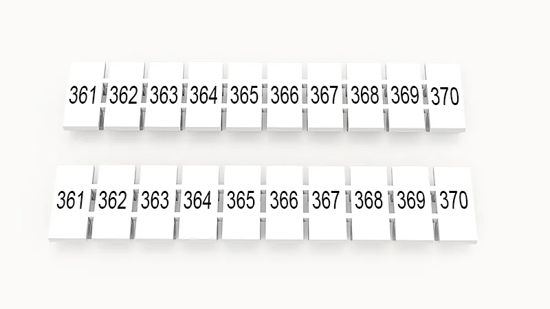 Марк.  полоска ZB5-10P-19-520Z(H) - Маркировочные шильдики для клемм WS…, DC…, PC…, сечением 2,5 мм кв., центральная, 10 шильдиков, нанесенные символы: 361-370 с вертикальным расположением, размер шильдика: 4,55х10,7 мм, цвет белый