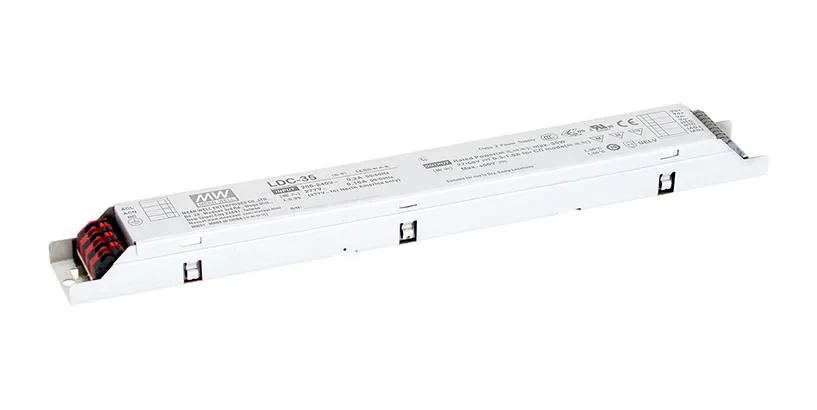 LDC-35 - AC-DC, 35Вт, стабилизатор тока, вход 180…295В AC, 47…63Гц, выход 300…1000мA/27…56В, ККМ, изоляция 3750В AC, в кожухе 280х30х21мм, -25…+80°С, NTC вход