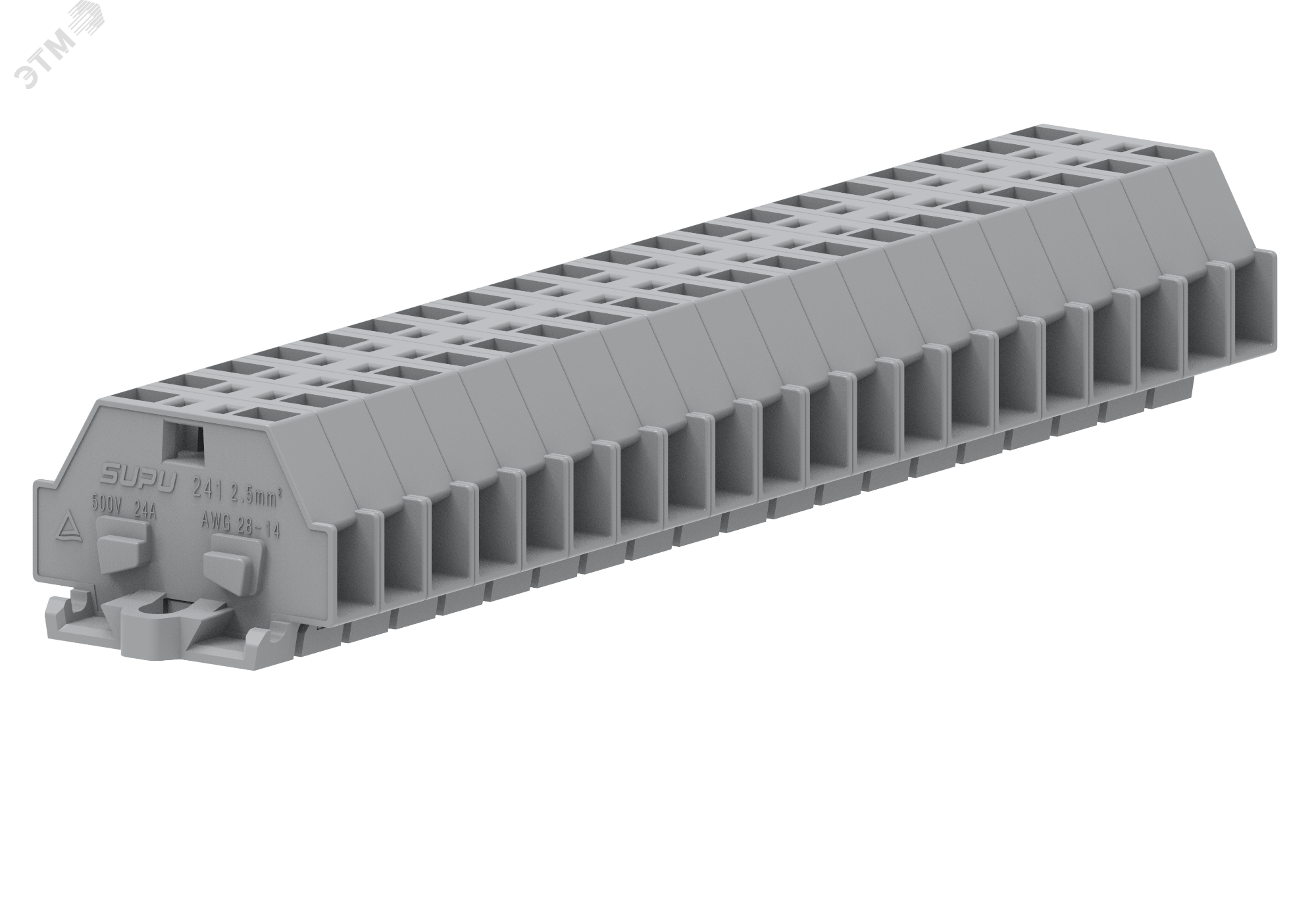 Клемма мини 241301 - Мини клемма, боковой подвод кабеля, 2 точки подключения в клемме, тип фиксации провода: пружинный, номинальное сечение: 2,5 мм кв., 24A, 500V, цвет: серый, тип монтажа: монтажные фланцы