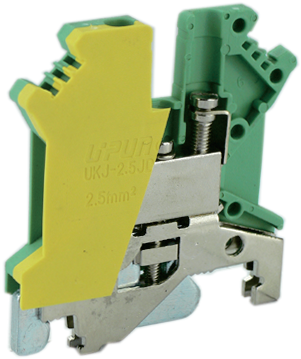 Заземляющая клемма UKJ-2.5JD - Заземляющая клемма, тип фиксации провода: винтовой, номинальное сечение: 2,5 мм кв., ширина: 5,2 мм, цвет: желто-зеленый, тип монтажа: DIN 35