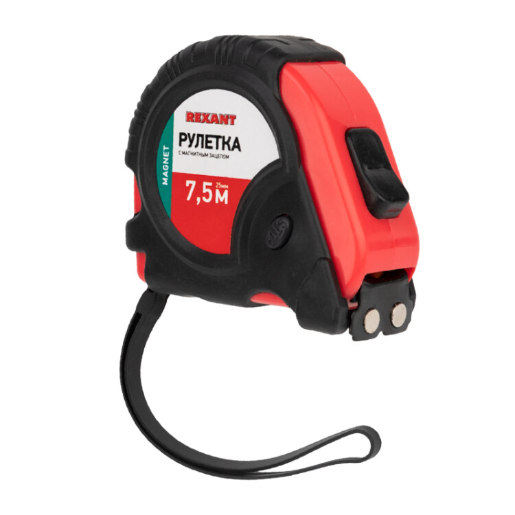 Рулетка измерительная магнит 7,5м Х 25мм - Прорезиненный корпус, магнитный зацеп, глянцевое покрытие полотна из закаленной стали