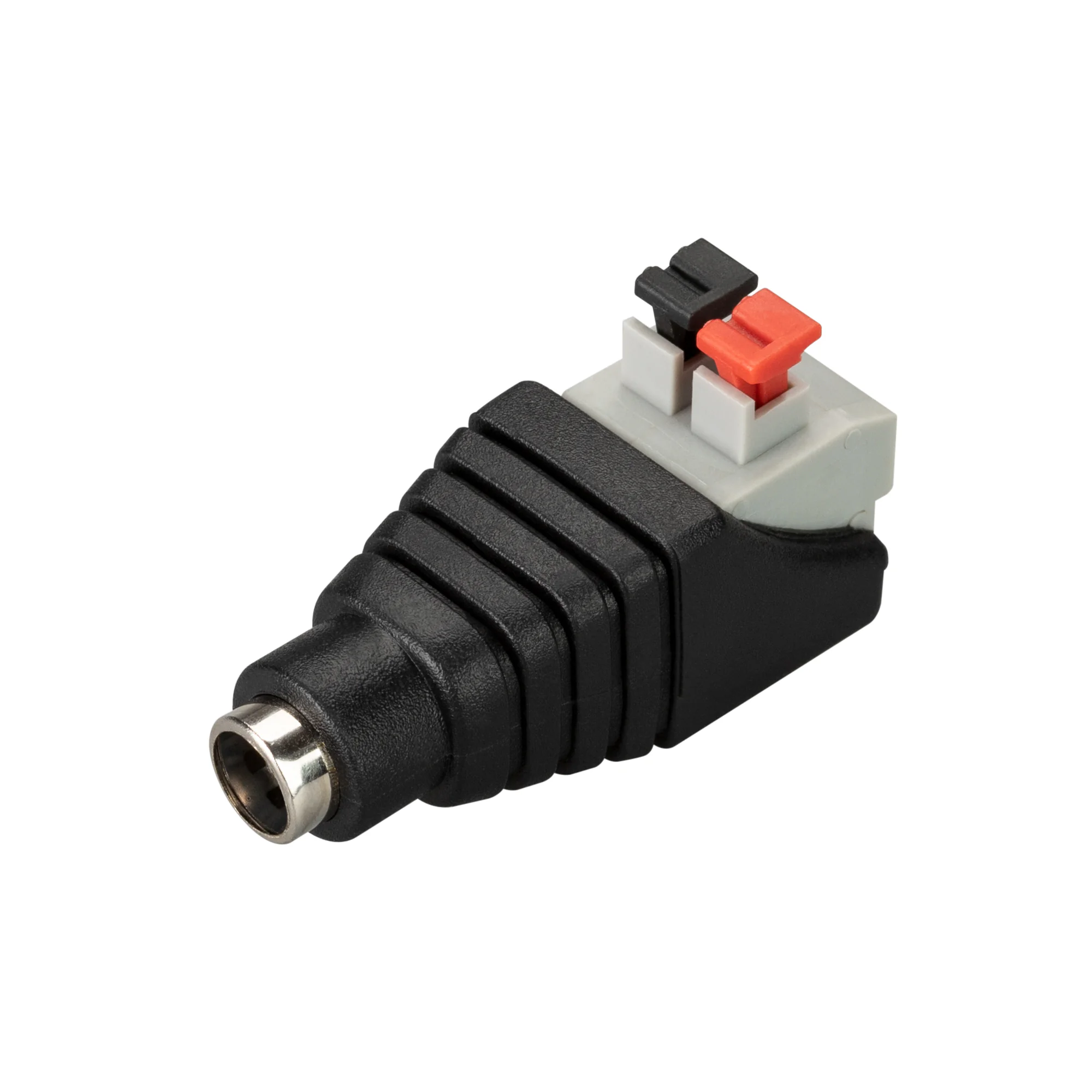 Коннектор ARL-MONO-2pin-F (Jack 5.5) 030748 - Клеммная колодка с DC-входом 5.5 мм (напряжение не выше 48В), для быстрого подключения светодиодных лент к сетевым адаптерам. Одна сторона - клеммная колодка самозажимная для провода (от ленты), другая сторона