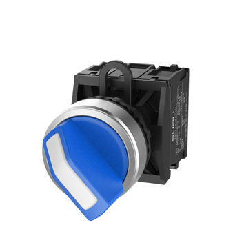 Селекторный переключатель (синий) TS2020-1AB40 - Переключатель, короткая ручка, 2-х позиционный без самовозврата, без подсветки, алюминиевое переднее кольцо, без контактной группы, диаметр головки кнопки 29,5 мм, диаметр посадочного отверстия: 22 мм, цвет