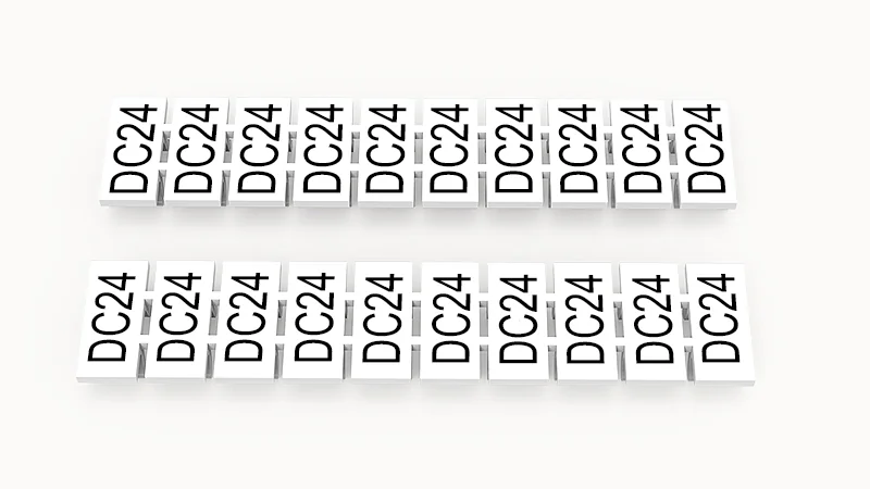 Марк.  полоска ZB5-10P-19-354Z(H) - Маркировочные шильдики для клемм WS…, DC…, PC…, сечением 2,5 мм кв., центральная, 10 шильдиков, нанесенные символы: DC24V с горизонтальнымрасположением, размер шильдика: 4,55х10,7 мм, цвет белый