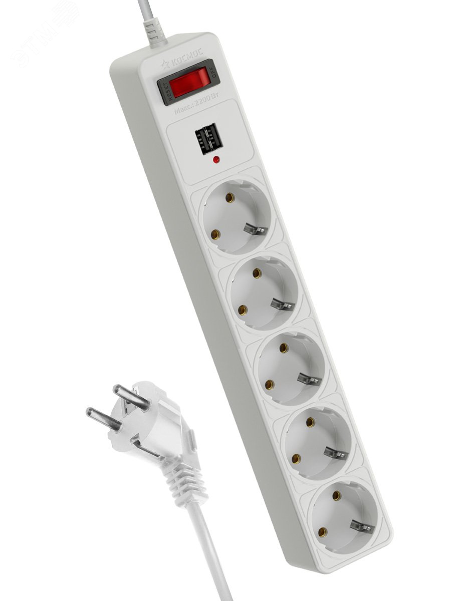 Удлинитель с сетевым фильтром 5х3м с заземл. 10А IP20 2.2кВт 2хUSB 3х0.75 с предохранителем FKsm3m-5g(W)USB