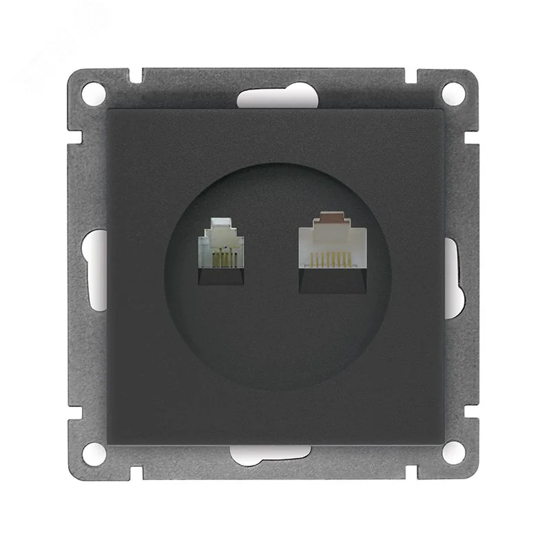 Розетка компьютерная+телефонная UNIVersal серия Афина, с/у, 1А, RJ45, RJ12, графит (еврослот), механизм A0052-Gr