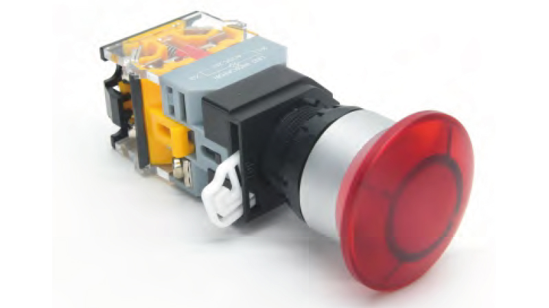 Кнопка  DT22M-MRD11/RDAC/DC24 - Кнопка управления в сборе, без фиксации, 24 - 380VAC / DC, 0,6 - 10A, с подсветкой, 24VDC, цвет: красный, диаметр отверстия: 22 мм, металлическая обойма кнопки