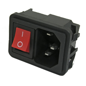 AC-002 (RED) - Разъем питания серии AC, вилка 3-х полюсная с выключателем, на защелках, 10А 250В, красный цвет клавиши