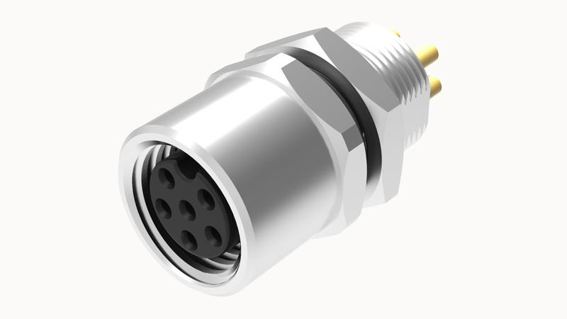 Розеточный разъем SD-M8A-04P-FF-SH7002 - Розеточный разъем в панель, 4 полюса, M8, гайка сзади, фиксация провода пайкой, A-Code, 3А, 60V, M8*0.5, металл