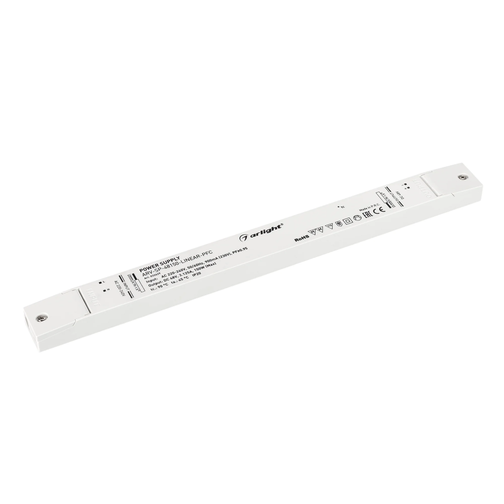Блок питания ARV-SP-48150-LINEAR-PFC (48V, 3.125A, 150W) 032629 - Источник напряжения с гальванической развязкой для светодиодных изделий. Входное напряжение 220-240 VAC. Выходные параметры: 48 В, 3.125 А, 150 Вт. Встроенный PFC >0,95. Негерметичный пласт