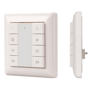 INTELLIGENT ARLIGHT Панель DALI-223-1G-4S-IN (BUS) 025505 - Встраиваемая кнопочная белая пластиковая панель для работы по протоколу DALI. Включение/выключение, диммирование, вызов и сохранение 4-х сцен в 1 группе. Установка номера группы и номера первой с