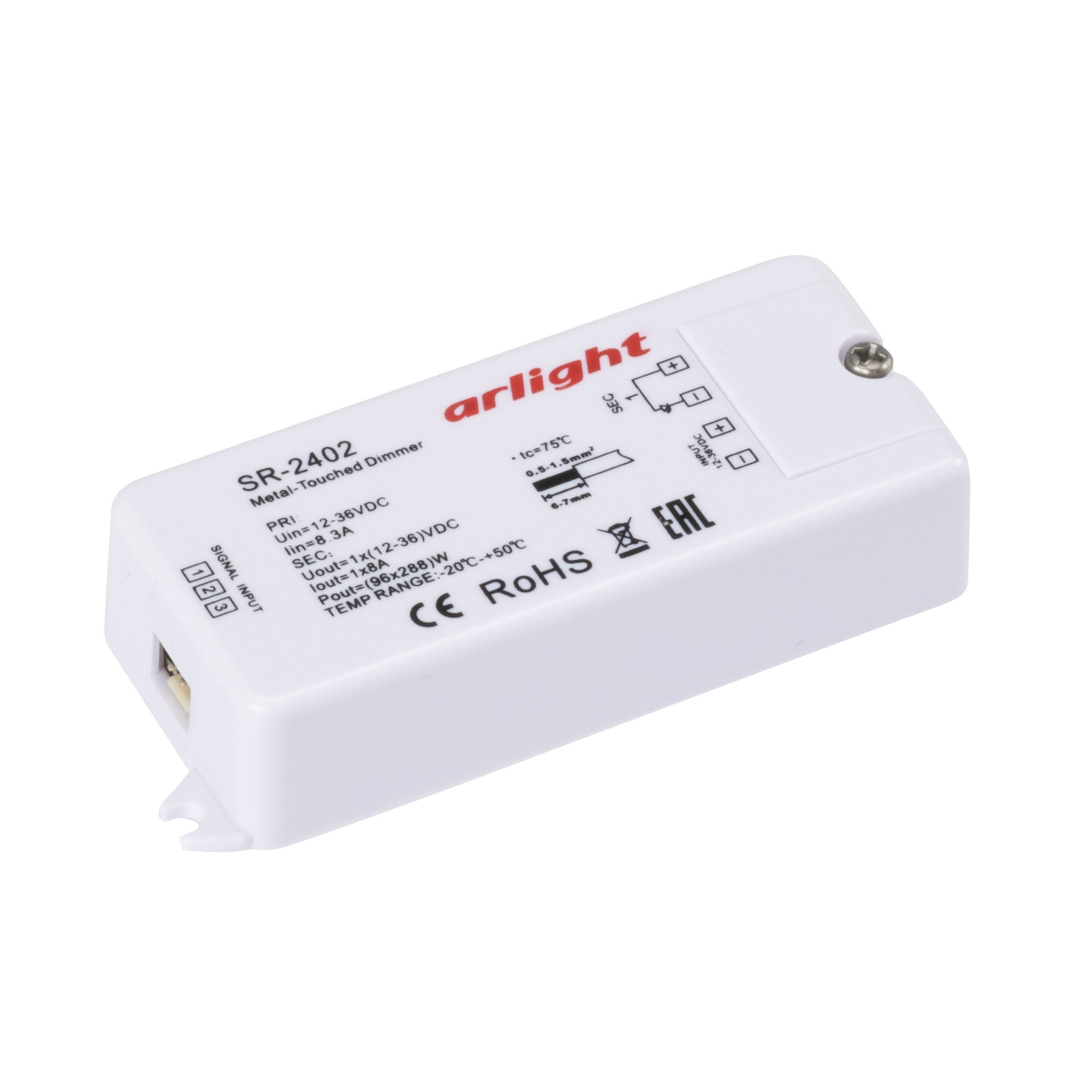 Диммер SR-2402 (12-36V, 96-288W, Metal-Touch) 014041 - Диммер с датчиком прикосновения (мет. кольцо). Питание/рабочее напряжение DC 12-36 В, максимальный ток 8 A на канал, 1 канал, максимальная мощность 96-288 Вт. Диммирование при прикосновении рукой (4 у