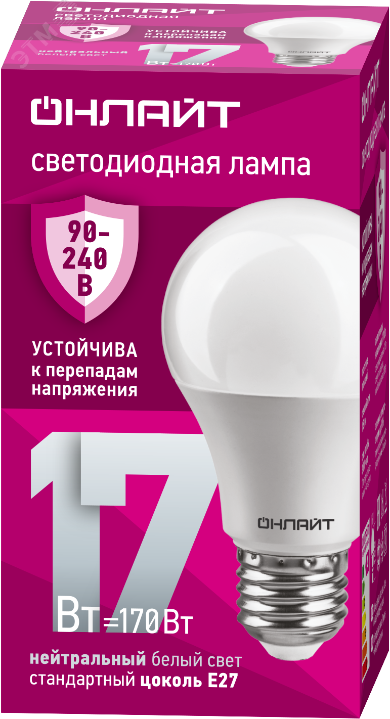 Лампа светодиодная 17вт OLL-A60-17-230-4K-E27 PRO 90-240В ОНЛАЙТ 31985