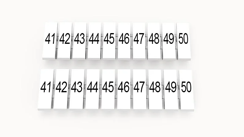 Марк. полоска ZB4-10P-19-05Z(H) - Маркировочные шильдики для клемм WS…, PC…, сечением 1,5 мм кв., центральная, 10 шильдиков, нанесенные символы: 41-50, с вертикальным расположением, размер шильдика: 3,65х10,7 мм, цвет белый