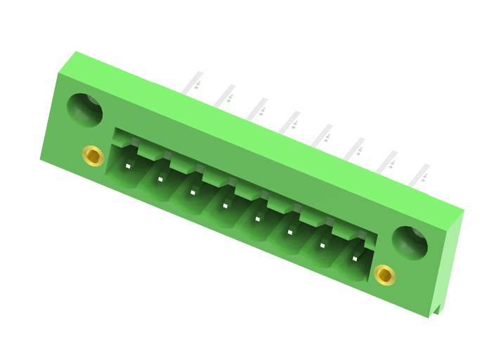 Вилочный разъем в панель MC-PE5.08V14-F - Вилочный разъем, вертикальный, в панель, шаг: 5.08 мм, 14 полюсов, фиксация на плате пайкой, исполнение: с монтажными фланцами, 320V, 12A, цвет: зеленый