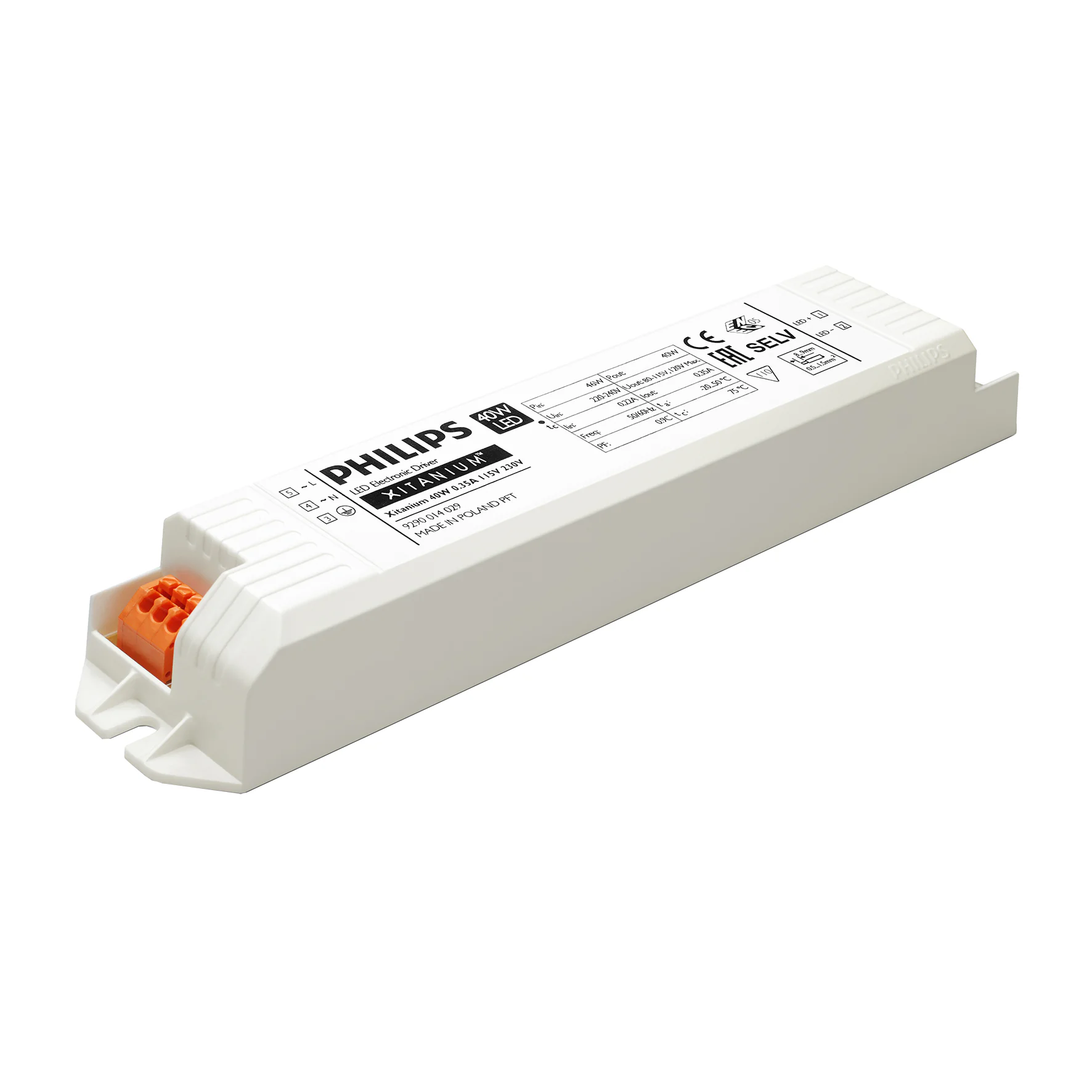 Xitanium 40W 0.3/0.35A 115V 230V - AC-DC, 40.3Вт, ККМ, стабилизация тока, вход 220…240В AC, 47…63Гц, выход 0.35A/75…115В, в кожухе 211х40х30мм, -20…+50°С