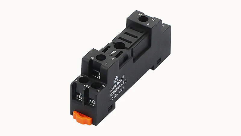 Колодка для реле DSRT05A-E3 - Колодка для реле DRPT-1C, 16A, 300V, фиксация провода: с вилочным наконечником с защитой от прикосновения, пластик, цвет: черный, монтаж на DIN рейку