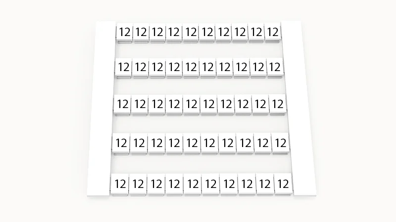 Марк. кассета DEK5-50P-19-86Z(H) - Маркировочные шильдики для клемм WS…, сечением 2,5 мм кв., боковая, 50 шильдиков, нанесенные символы: 12, по 5 полосок,с вертикальным расположением, размер шильдика: 4,8х5,5 мм, цвет белый