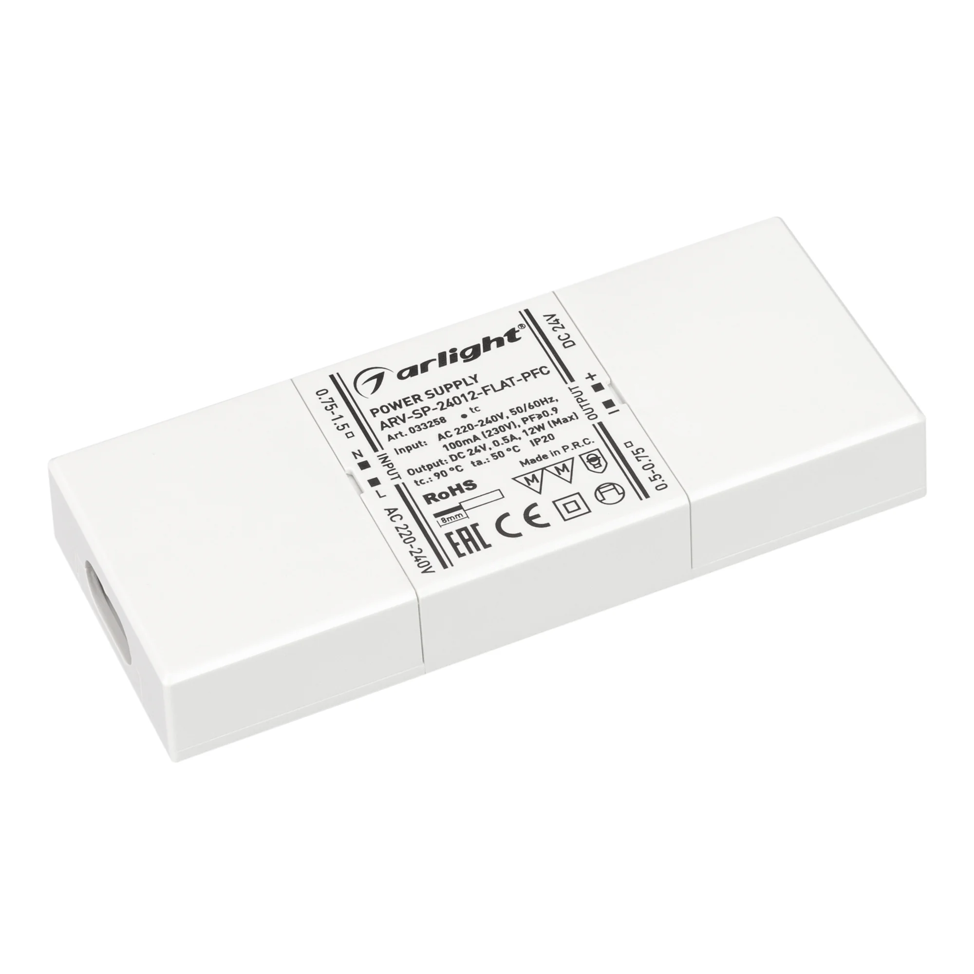 Блок питания ARV-SP-24012-FLAT-PFC (24V, 0.5A, 12W) 033258 - Источник напряжения с гальванической развязкой для светодиодных изделий. Входное напряжение 220-240 VAC. Выходные параметры: 24 В, 0.5 А, 12 Вт. Встроенный PFC >0.92. Сверхтонкий пластиковый кор