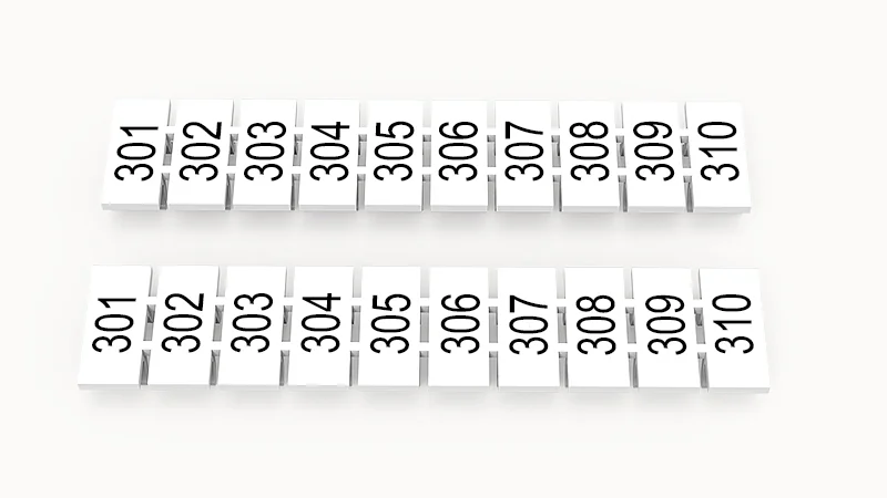 Марк.  полоска ZB5-10P-19-252Z(H) - Маркировочные шильдики для клемм WS…, DC…, PC…, сечением 2,5 мм кв., центральная, 10 шильдиков, нанесенные символы: 301-310 с горизонтальнымрасположением, размер шильдика: 4,55х10,7 мм, цвет белый