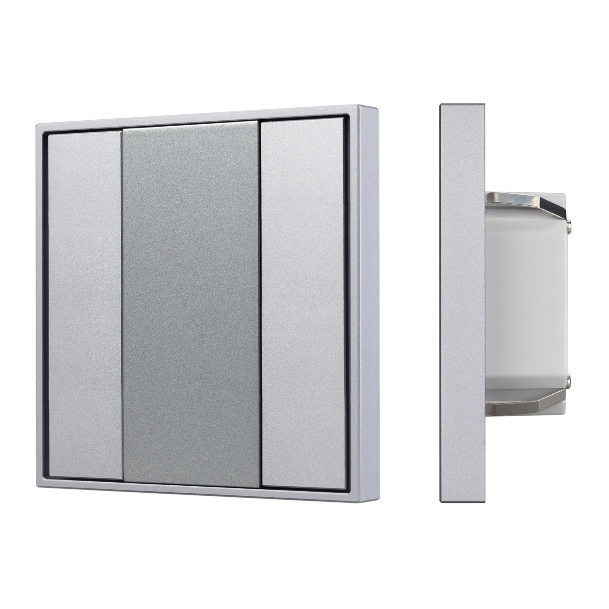 INTELLIGENT ARLIGHT Панель KNX-223-2-GREY (BUS) 027963 - Универсальная многофункциональная встраиваемая настенная панель для систем KNX. 2 клавиши. Тонкая рамка, материал - металл. Цвет корпуса - серебристый. Питание от шины KNX DC 21-30V. Габариты 80x80x