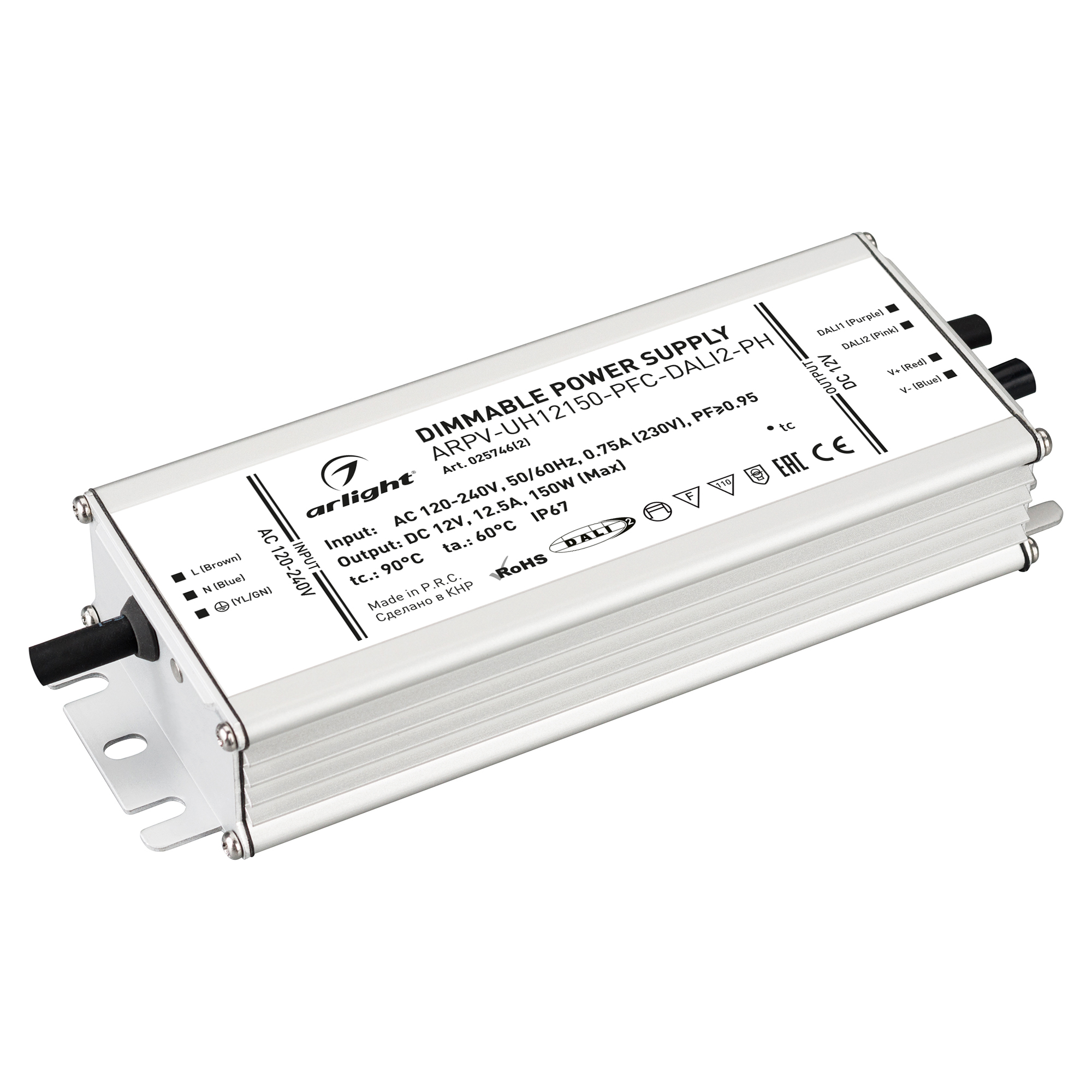 Блок питания ARPV-UH12150-PFC-DALI2-PH (12V, 12.5A, 150W) 025746(2) - Диммируемый источник напряжения по протоколу DALI2.0 с гальванической развязкой для светодиодных изделий. Входное напряжение 120-240 VAC. Выходные параметры: 12 В, 12.5 А, 150 Вт. Встро