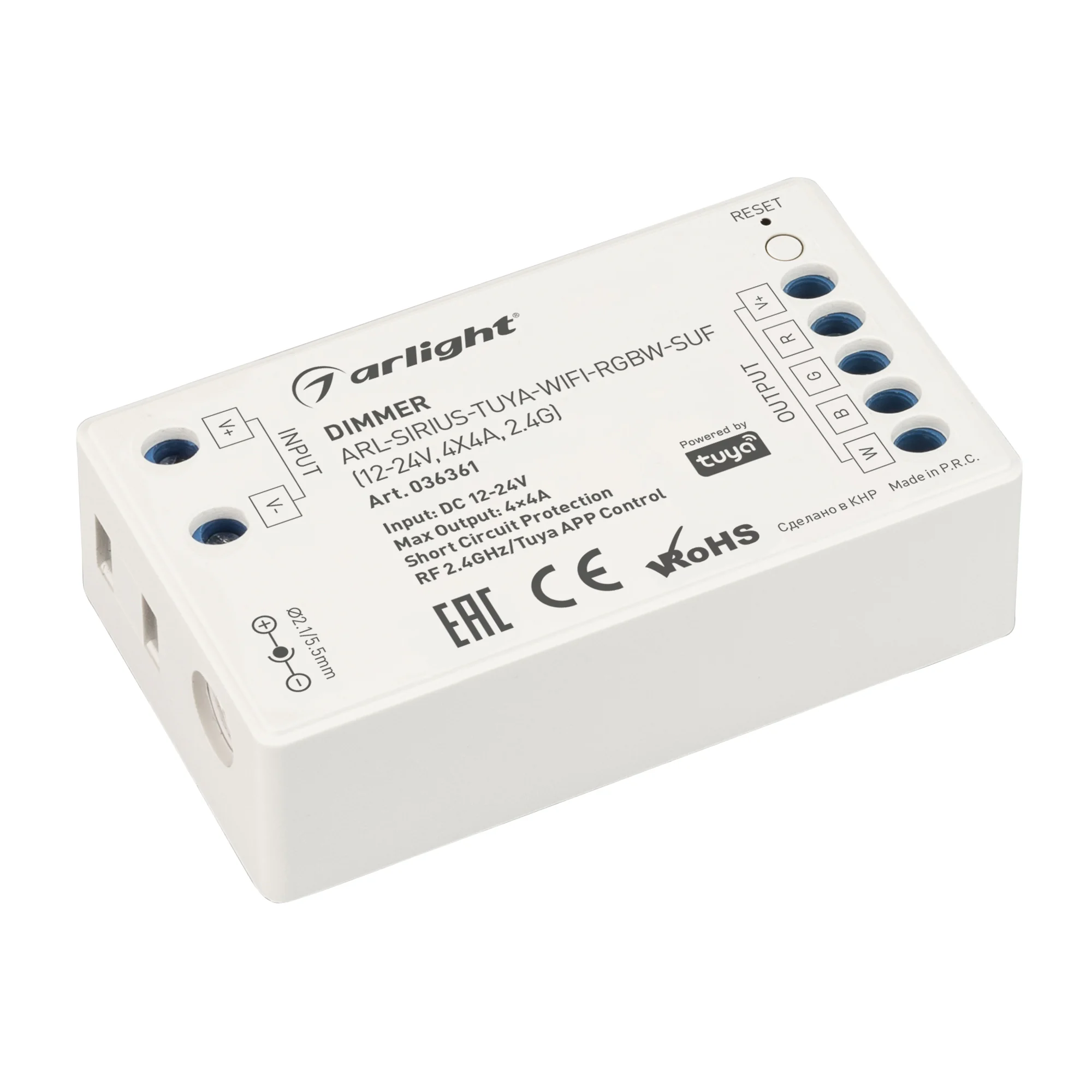 Диммер ARL-SIRIUS-TUYA-WIFI-RGBW-SUF (12-24V, 4x4A, 2.4G) 036361 - Контроллер четырёхканальный для RGBW светодиодных лент. Питание/рабочее напряжение 12-24VDC, максимальный ток 4A на канал, 4 канала, максимальная мощность 192-384W. Частота ШИМ 1.95kГц, Wi