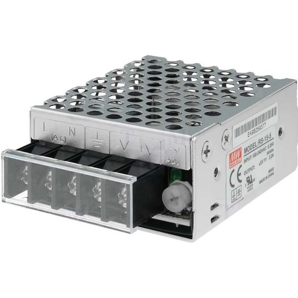 RS-15-5 - AC-DC, 15Вт, выход 5В/3A, рег. вых 4.75…5.5 В , вход 88…264В AC, 47…63Гц / 125…373 В DC,  изоляция 3000В AC, в кожухе 62,5х51х28мм, -20…+70°С