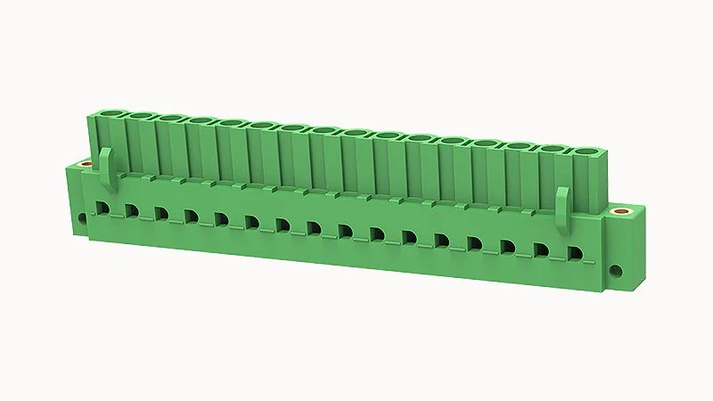 PCB клемма 2EDGAM-5.08-16P-14 - Клемма PCB, на плату, пайка, шаг 5,08 мм, 16 полюсов, угол монтажа 90 гад., с монтажными фланцами, 320V, 20А, цвет: зеленый, серия 2EDGAM