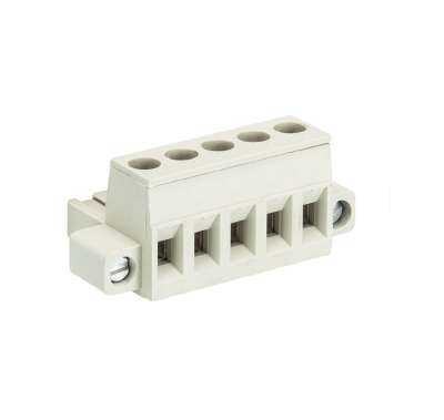 Розетка Wiecon 8213 B / 5 F OB - Розеточный разъем, угловой, на кабель, с монтажными фланцами, шаг 5,08 мм, 5 полюсов, номинальное сечение: 2,5 мм кв., винтовая фиксация провода, 400V, 12А, без маркировки, цвет: серый, серия 8213 F OB